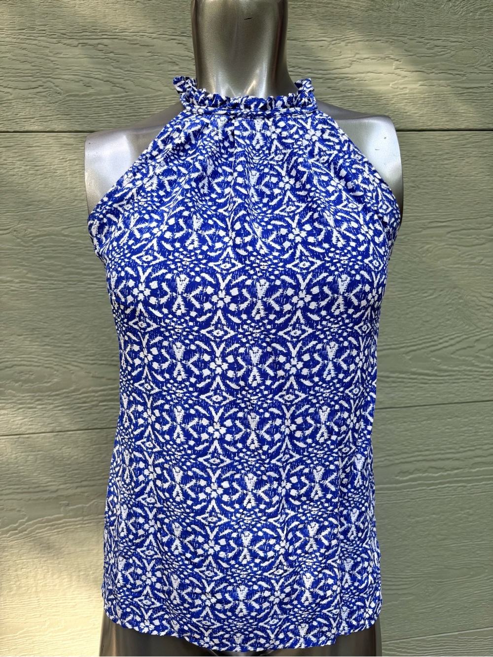 Cynthia Rowley 100% Silk Blue and White Halter Tank Top